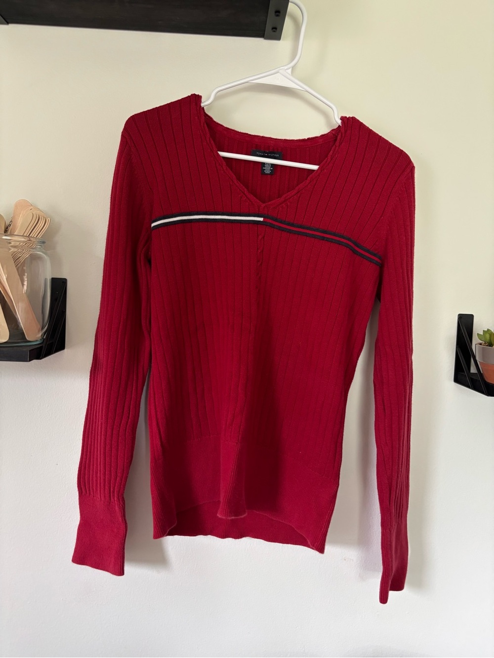 Tommy Hilfiger Red Ribbed V-Neck Sweater XL